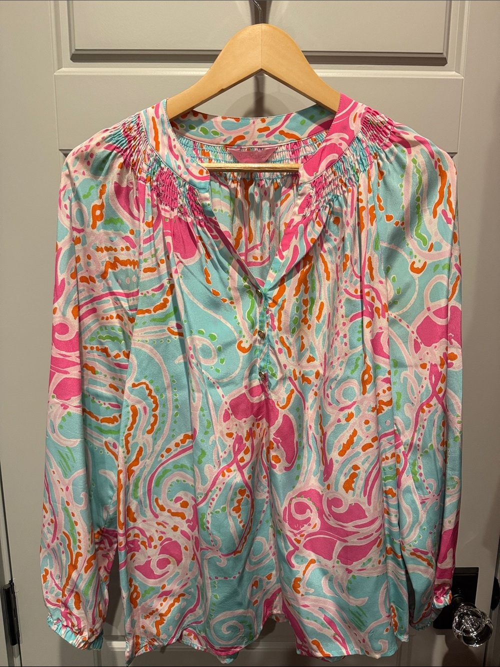 Lilly Pulitzer Aqua Pink & Orange Swirl Elsa Blouse